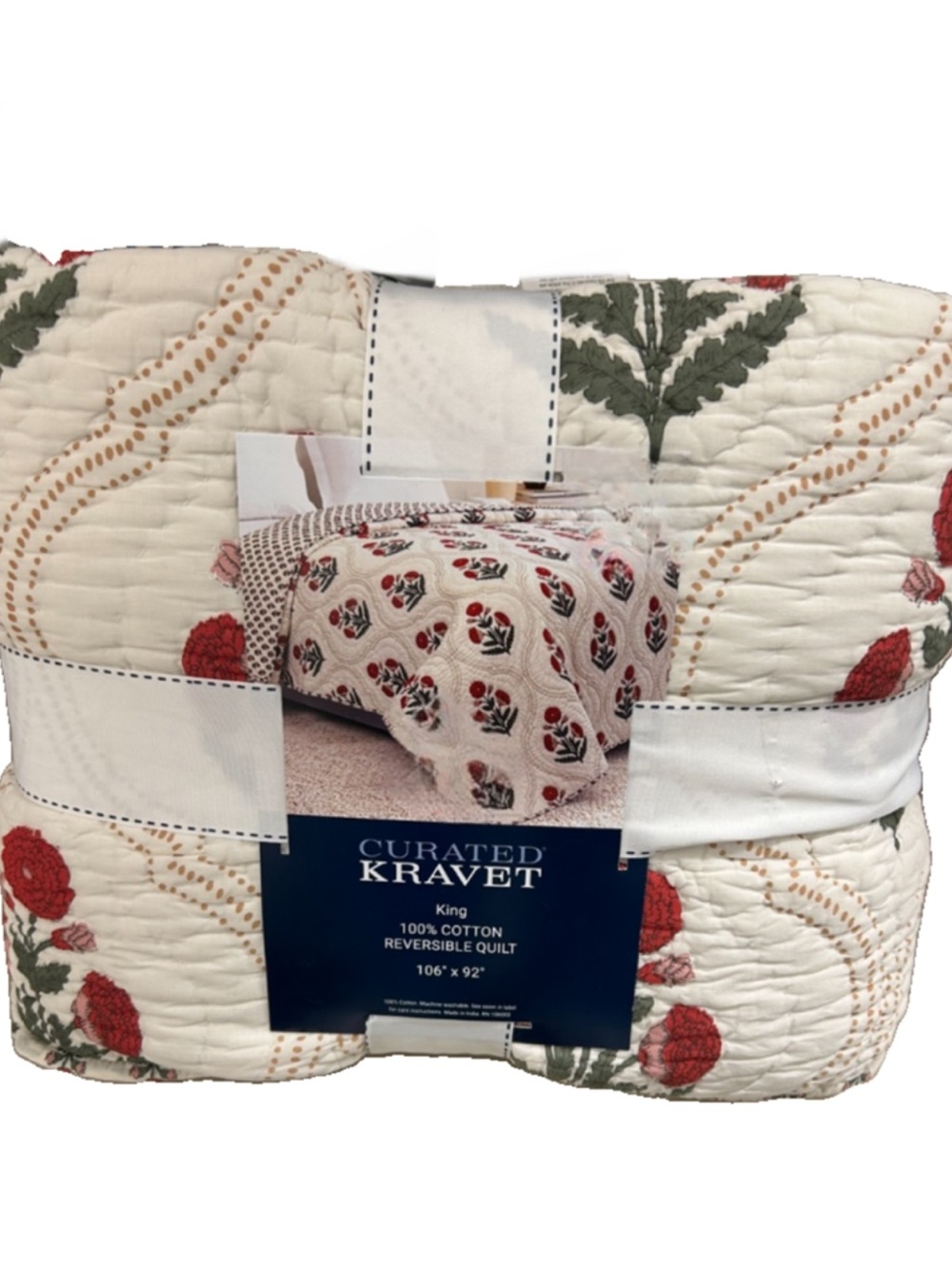 Curated Kravet Red, Cream and Green Cotton Reversible King Quilt Set 106”x92”
